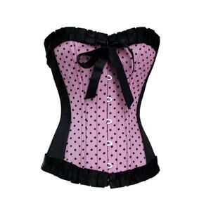 Gothic Lolita Victorian Heavy Steel Boned Pink Black Polka Dot Bow Corset S